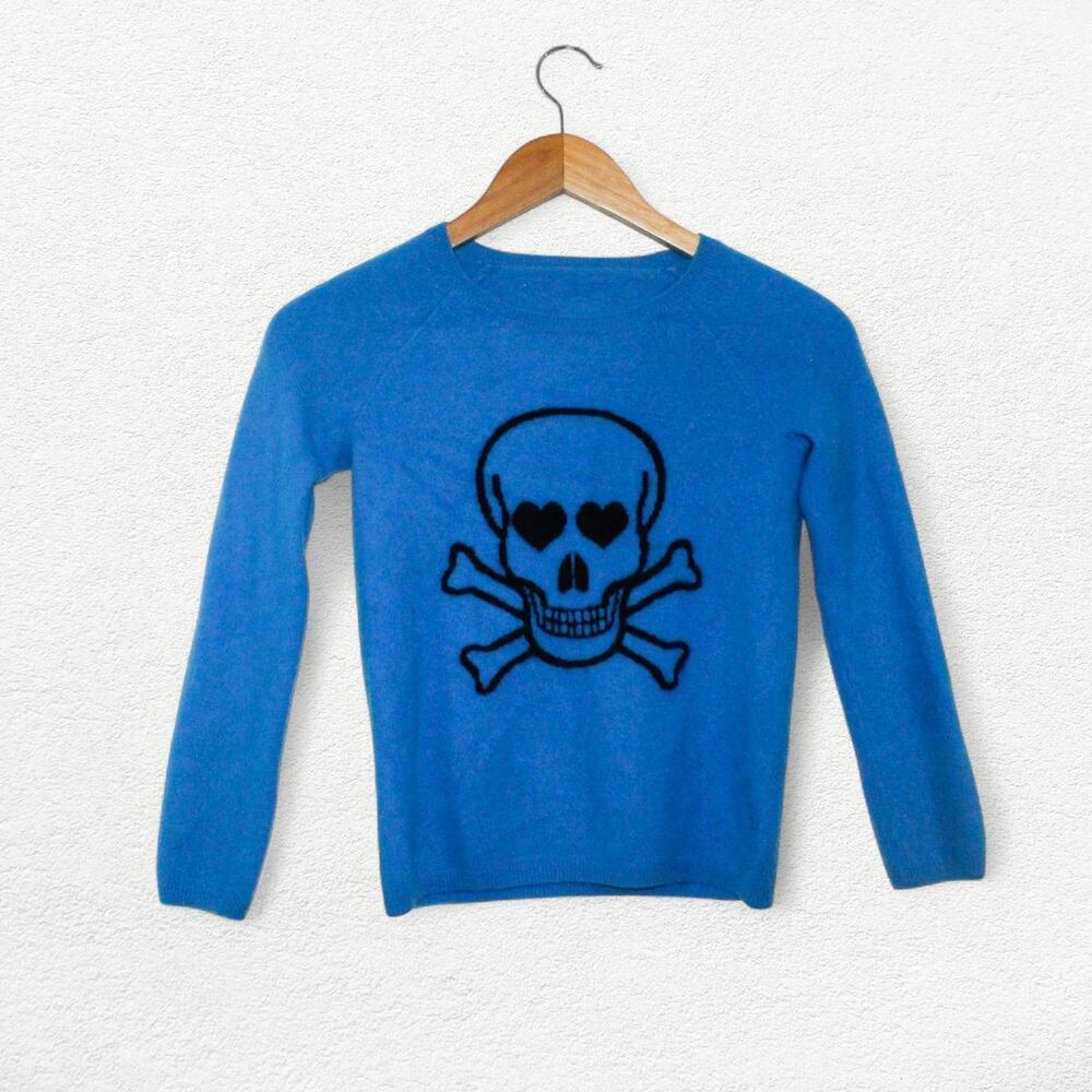 Bloomingdales Aqua Cashmere Heart Eye Skull Intarsia Sweater in Blue & Black